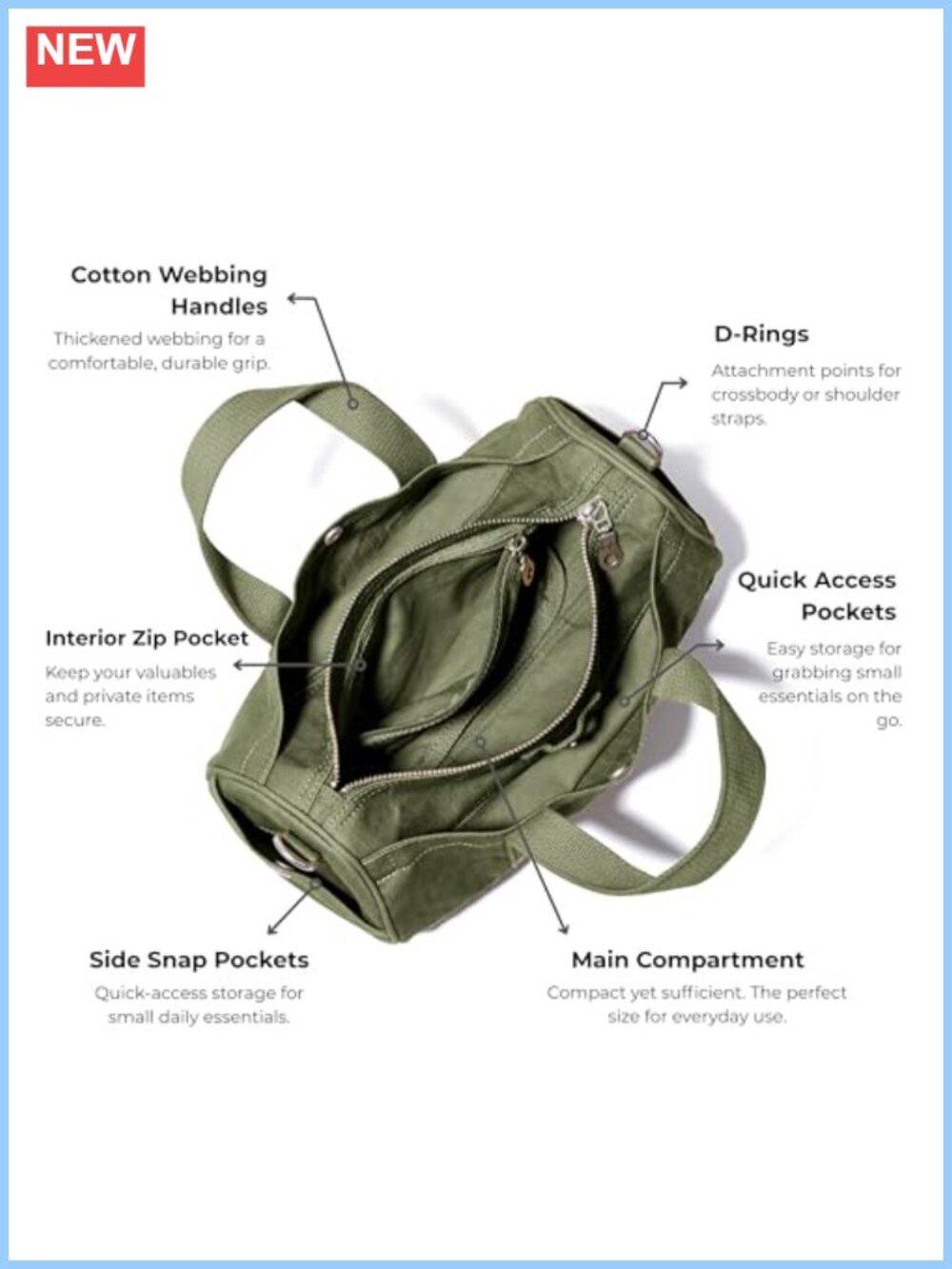 Washed Cotton Canvas Herringbone Crossbody Bag Compact Barrel Duffel - Picture 5 of 5